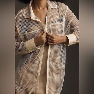 Mesh Open-Front Shirt Top - Beige